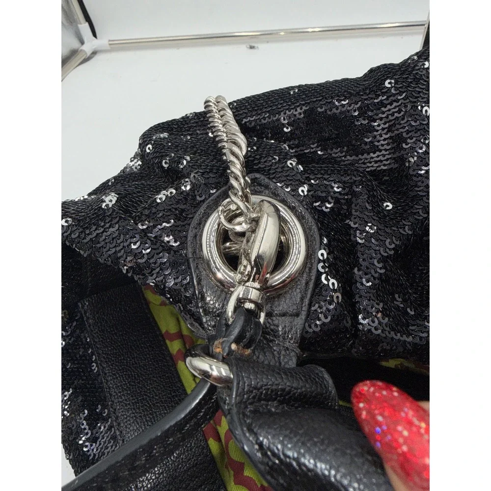 Oryany Black Sequin Hobo Bag Leather Trim Silver Chain Strap Tote wth Pouch
